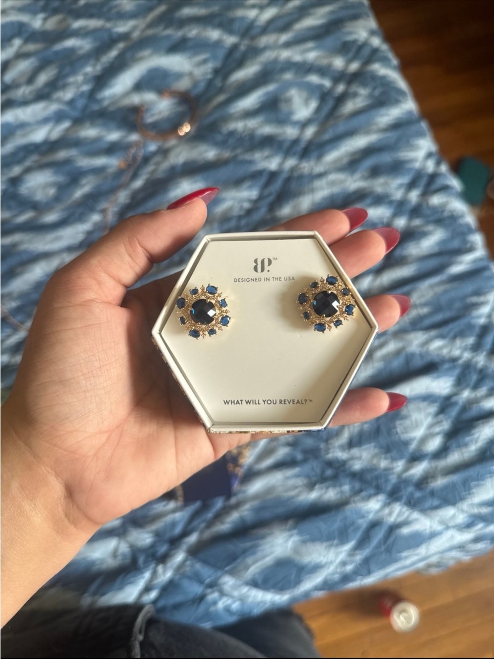 Gold and Blue Crystal Stud Earrings by Bomb Party
